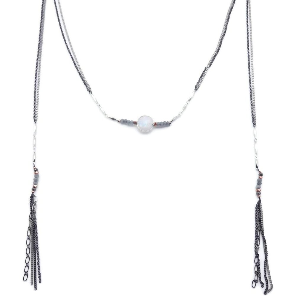 Nakamol Gray Mineral Stone & Crystal Beaded Silver Tassel Necklace Choker NEW